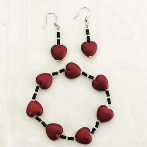 Satin Hearts & Black Bead Bracelet